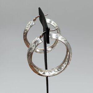 Etched 925 Sterling Silver Hoops 1.50 Inch In Diameter And 10mm Width